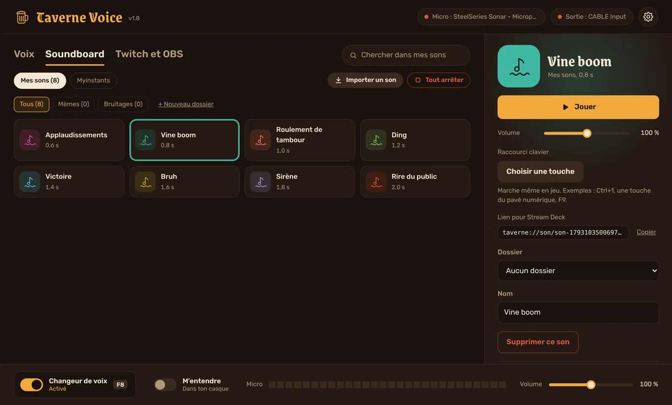 Le soundboard de Taverne Voice avec ses dossiers