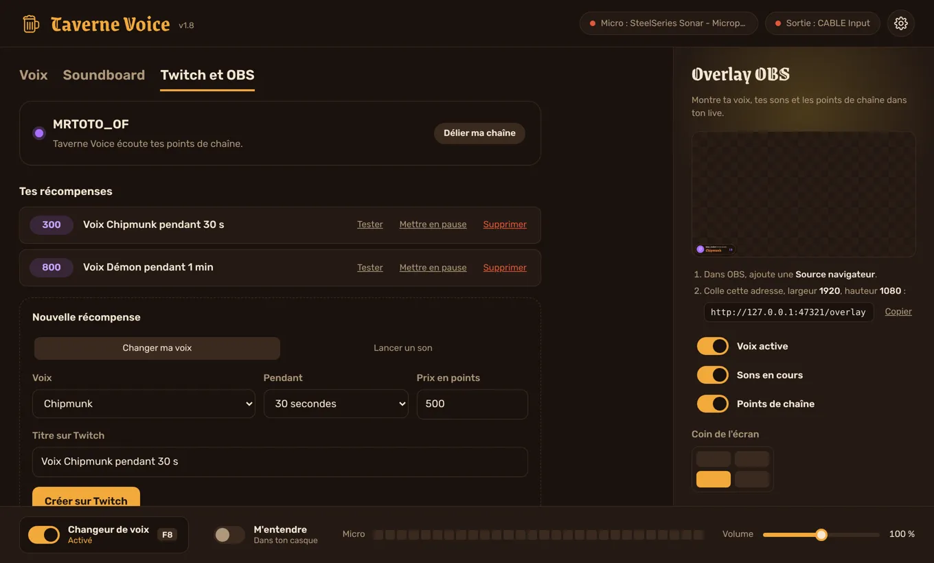 L'onglet Twitch et OBS de Taverne Voice